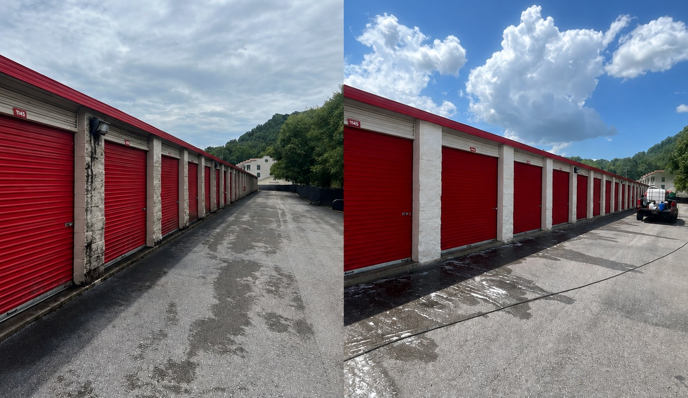 Before and after commercial self-storage facility soft washing and pressure washing in Chattanooga, TN